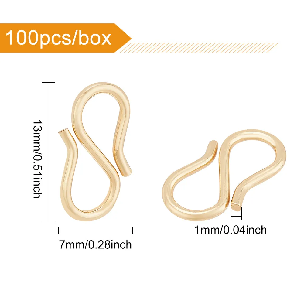 100Pcs 304 Stainless Steel S-Hook Clasps, Real 18K Gold Plated, 13x7x1mm