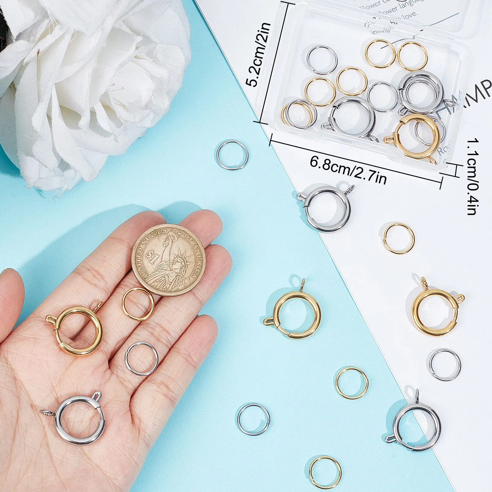 10Pcs 2 Colors 304 Stainless Steel Spring Ring Clasps, Flat Round, with 20Pcs 2 Colors 304 Stainless Steel Open Jump Rings, Mixed Color, Clasps: 12~24x12~21x1.2~3mm, Hole: 3mm