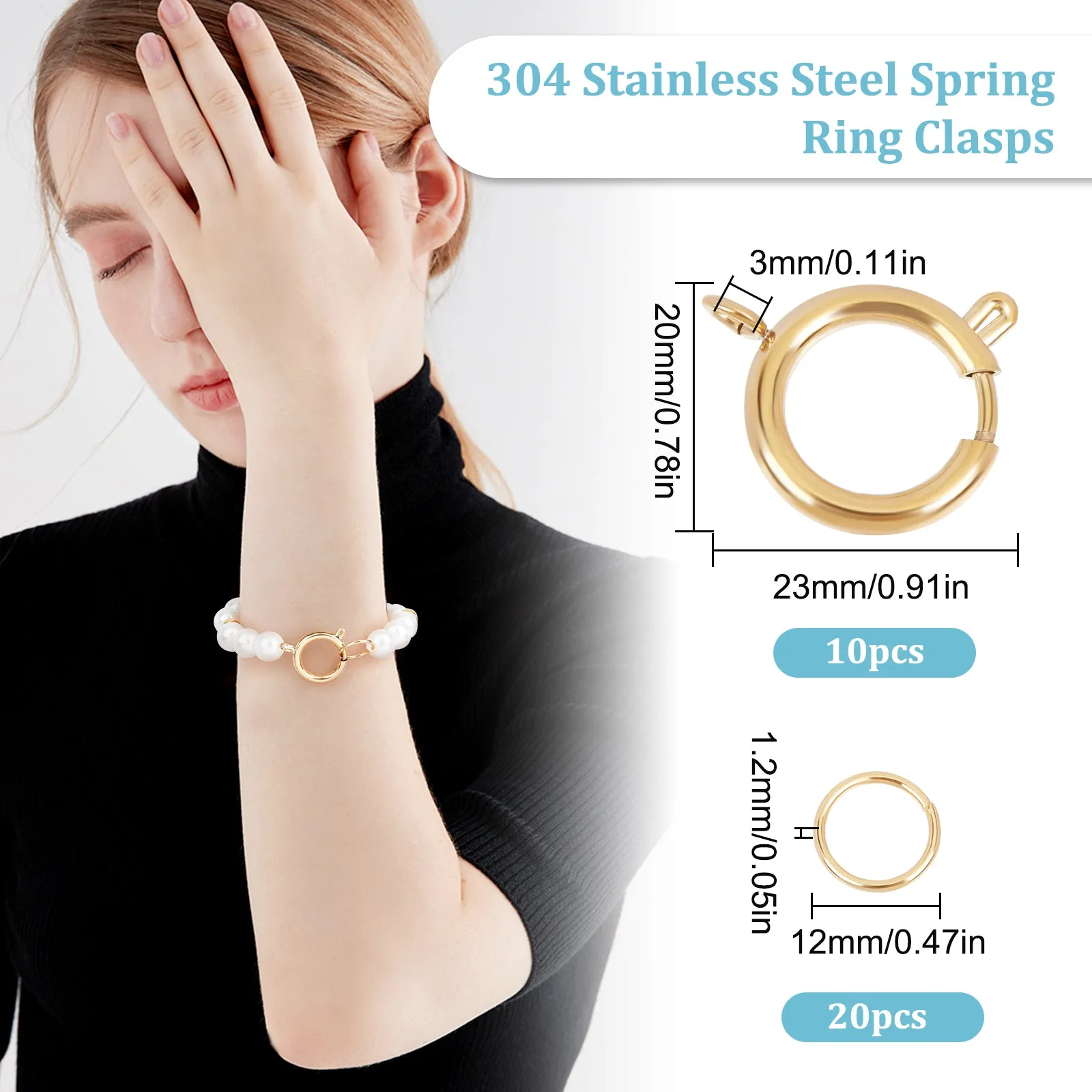 10Pcs 2 Colors 304 Stainless Steel Spring Ring Clasps, Flat Round, with 20Pcs 2 Colors 304 Stainless Steel Open Jump Rings, Mixed Color, Clasps: 12~24x12~21x1.2~3mm, Hole: 3mm
