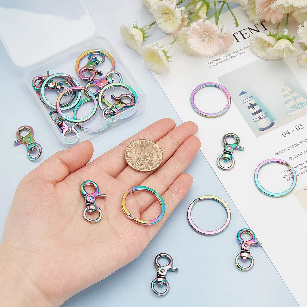10Pcs Alloy Swivel Clasps, with 10Pcs Ion Plating(IP) 304 Stainless Steel Split Key Rings, Rainbow Color, Clasps: 31x17.5x6mm, Hole: 8.5x5mm; Key Rings: 25x2mm