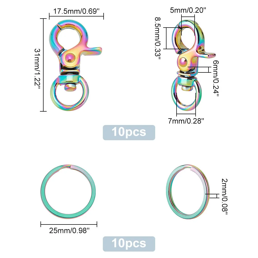 10Pcs Alloy Swivel Clasps, with 10Pcs Ion Plating(IP) 304 Stainless Steel Split Key Rings, Rainbow Color, Clasps: 31x17.5x6mm, Hole: 8.5x5mm; Key Rings: 25x2mm
