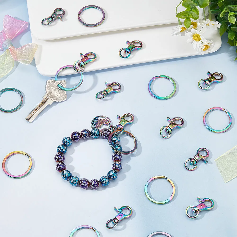 10Pcs Alloy Swivel Clasps, with 10Pcs Ion Plating(IP) 304 Stainless Steel Split Key Rings, Rainbow Color, Clasps: 31x17.5x6mm, Hole: 8.5x5mm; Key Rings: 25x2mm