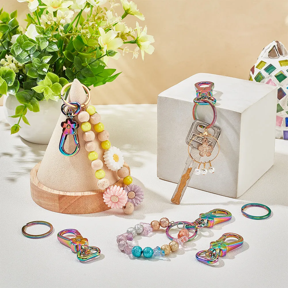 10Pcs Flower Zinc Alloy Swivel Clasps, with 10Pcs Ion Plating(IP) 304 Stainless Steel Split Key Rings, Rainbow Color, Clasps: 44x17.5x8mm, Hole: 3x13mm; Key Rings: 25x2mm