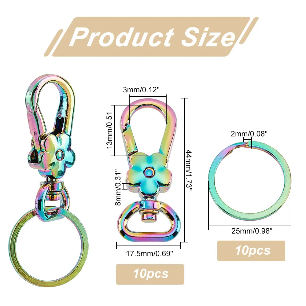 10Pcs Flower Zinc Alloy Swivel Clasps, with 10Pcs Ion Plating(IP) 304 Stainless Steel Split Key Rings, Rainbow Color, Clasps: 44x17.5x8mm, Hole: 3x13mm; Key Rings: 25x2mm