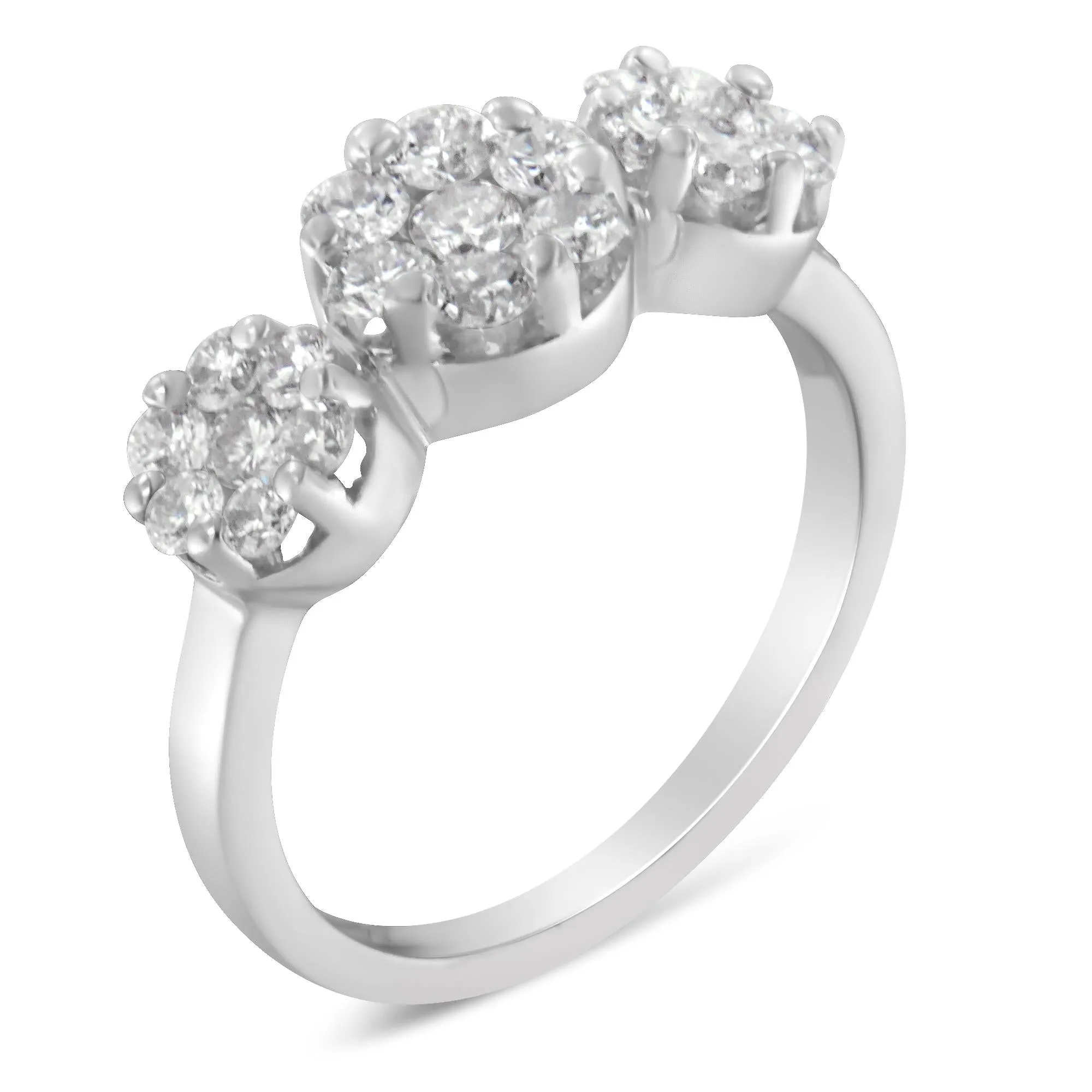 14K White Gold 1-1/4 Cttw Brilliant Cut Diamond Three Round Floral Clusters Engagement or Fashion Ring (H-I Color, SI2-I1 Clarity) by Haus of Brilliance