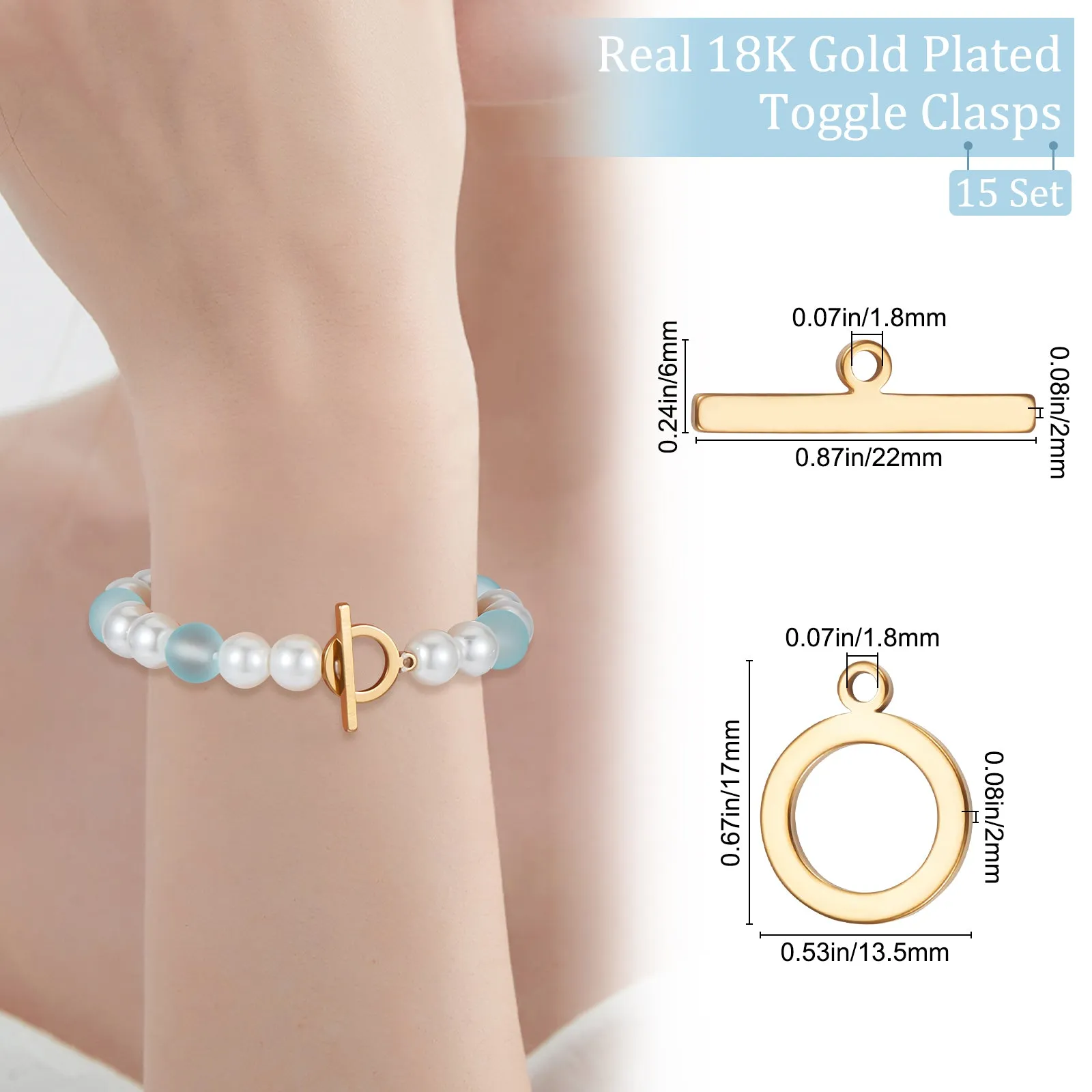15 Sets 201 Stainless Steel Toggle Clasps, Nickel Free, Ring, Real 18K Gold Plated, Ring: 17x13.5x2mm, Hole: 1.8mm, Bar: 22x6x2mm, Hole: 1.8mm