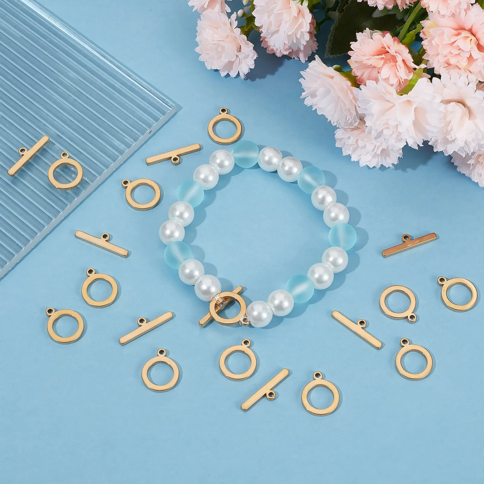 15 Sets 201 Stainless Steel Toggle Clasps, Nickel Free, Ring, Real 18K Gold Plated, Ring: 17x13.5x2mm, Hole: 1.8mm, Bar: 22x6x2mm, Hole: 1.8mm
