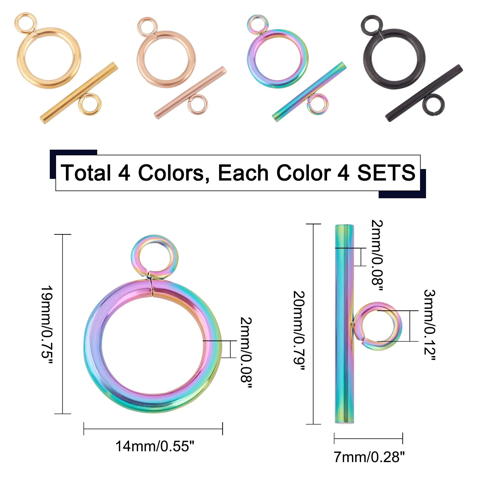 16 Sets 4 Style Ion Plating(IP) 304 Stainless Steel Toggle Clasps, Ring, Mixed Color, 19x14x2mm, Hole: 3mm, 4 sets/style