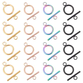 16 Sets 4 Style Ion Plating(IP) 304 Stainless Steel Toggle Clasps, Ring, Mixed Color, 19x14x2mm, Hole: 3mm, 4 sets/style