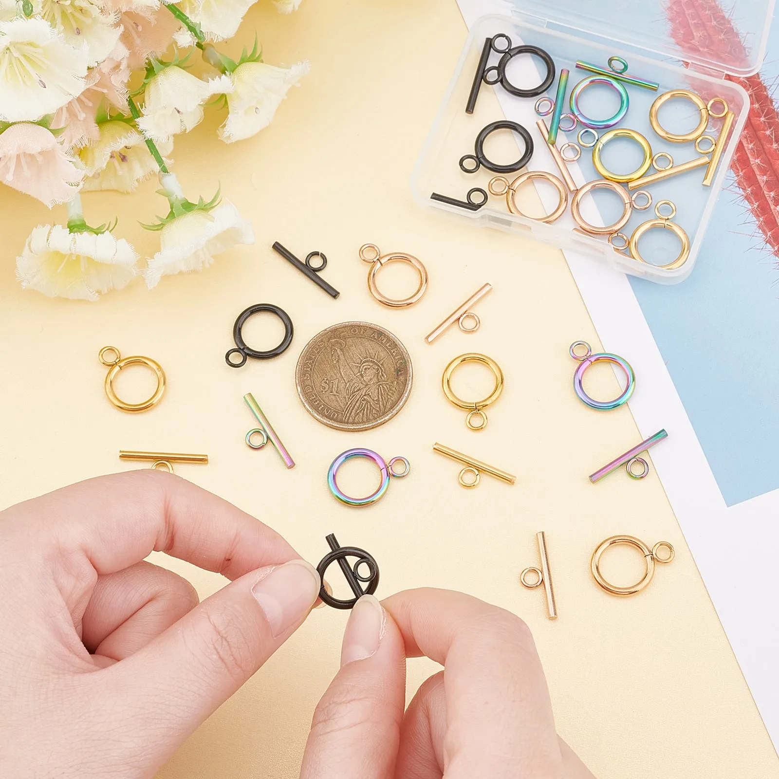 16 Sets 4 Style Ion Plating(IP) 304 Stainless Steel Toggle Clasps, Ring, Mixed Color, 19x14x2mm, Hole: 3mm, 4 sets/style