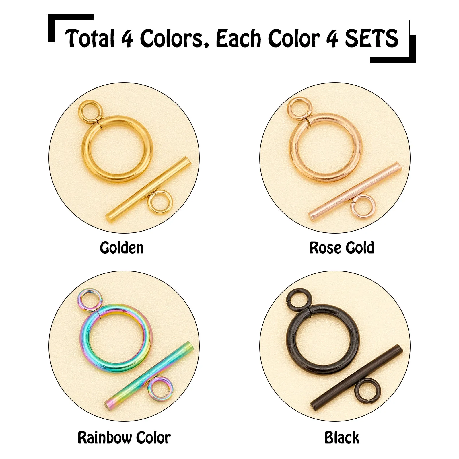 16 Sets 4 Style Ion Plating(IP) 304 Stainless Steel Toggle Clasps, Ring, Mixed Color, 19x14x2mm, Hole: 3mm, 4 sets/style