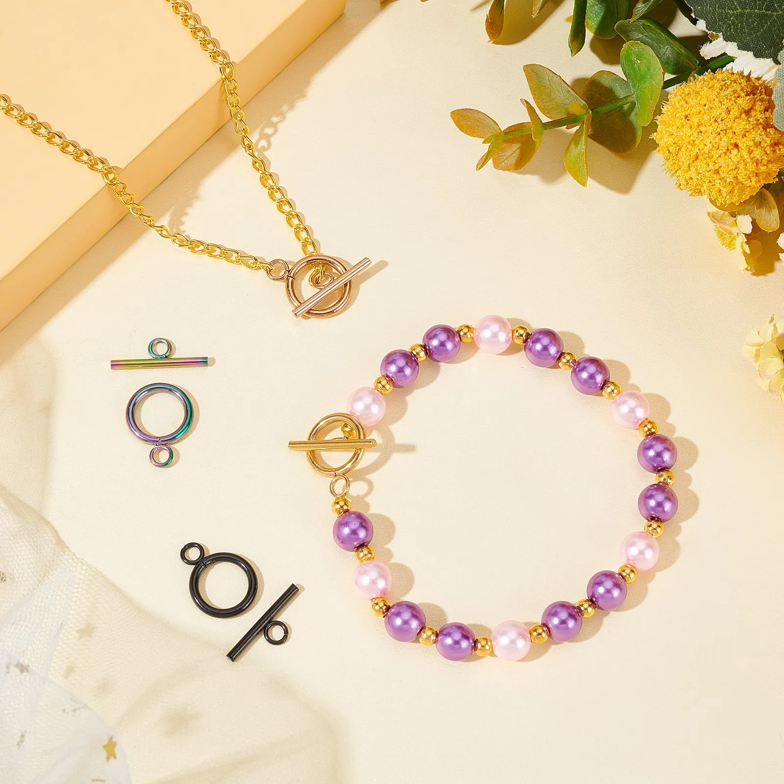 16 Sets 4 Style Ion Plating(IP) 304 Stainless Steel Toggle Clasps, Ring, Mixed Color, 19x14x2mm, Hole: 3mm, 4 sets/style