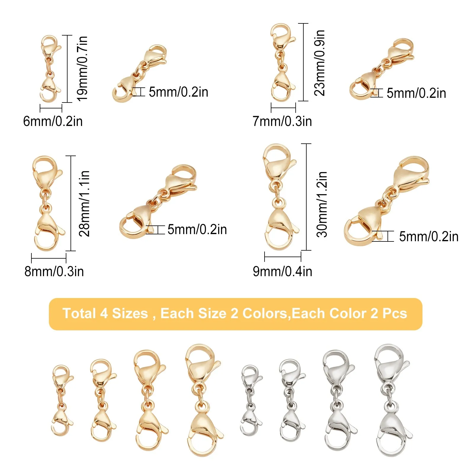 16Pcs 4 Style 304 Stainless Steel Lobster Claw Clasps, Golden & Stainless Steel Color, 4pcs/style