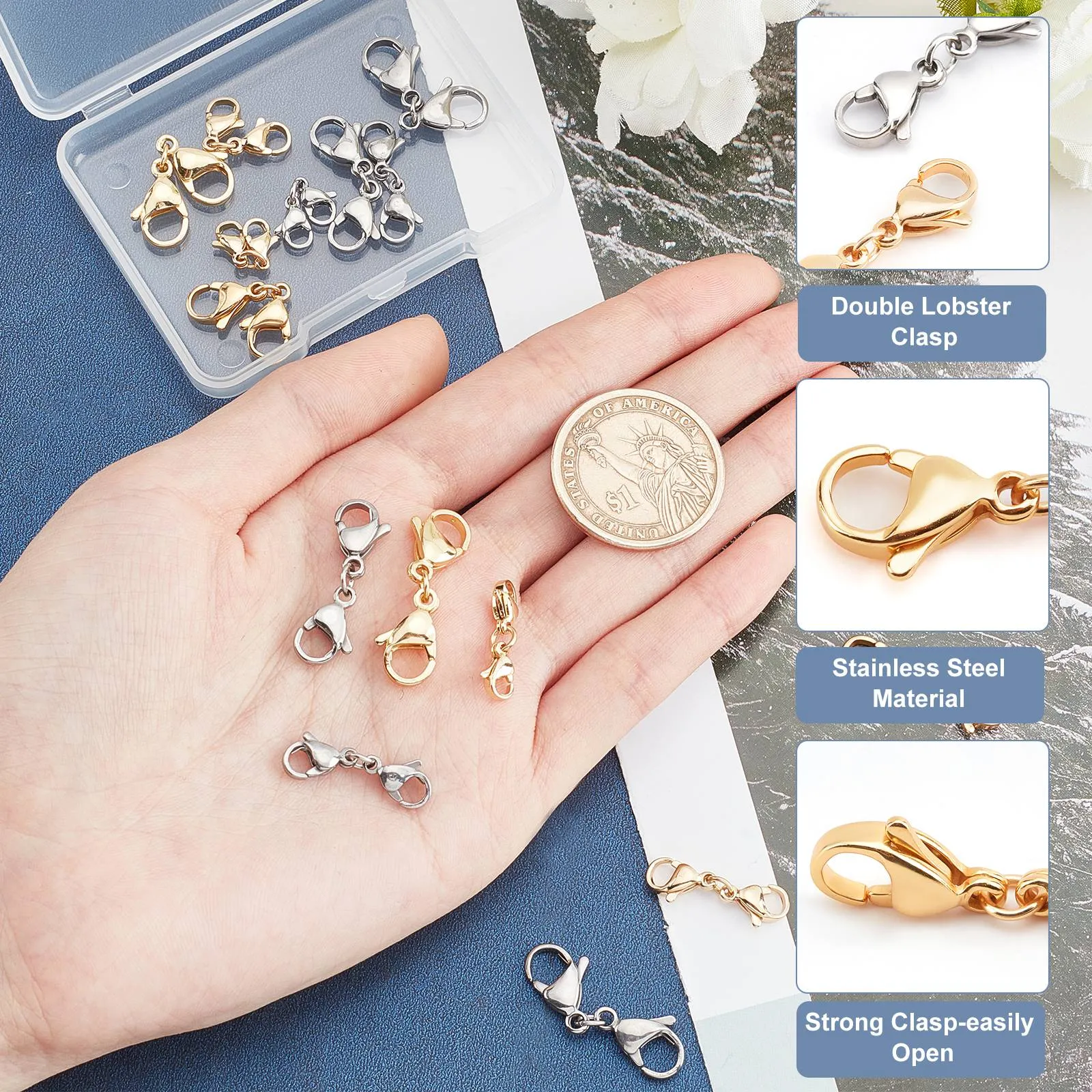 16Pcs 4 Style 304 Stainless Steel Lobster Claw Clasps, Golden & Stainless Steel Color, 4pcs/style