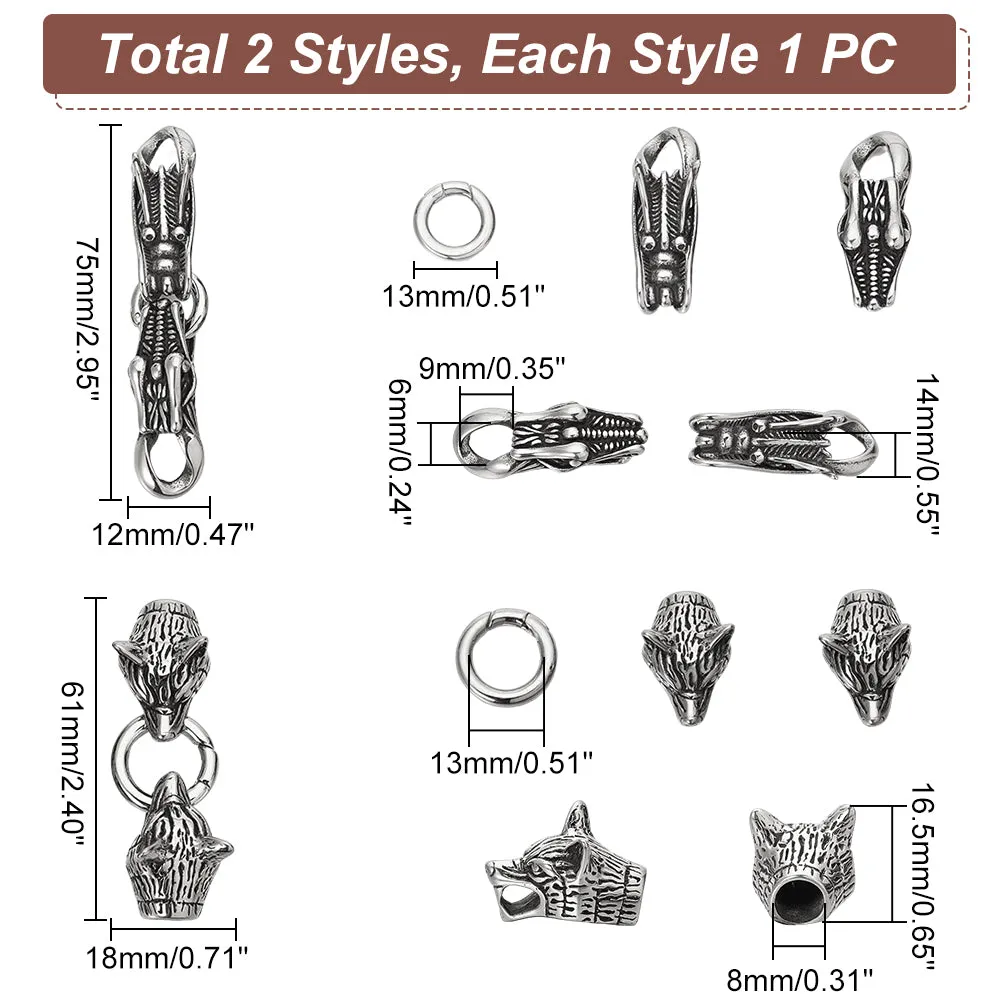 2 Sets 2 Styles 304 Stainless Steel Spring Gate Rings, Tibetan Style O Rings, with Two Cord End Caps, Wolf Head & Dragon Head, Antique Silver, 61~75x12~18x14~16.5mm, 1 sets/color
