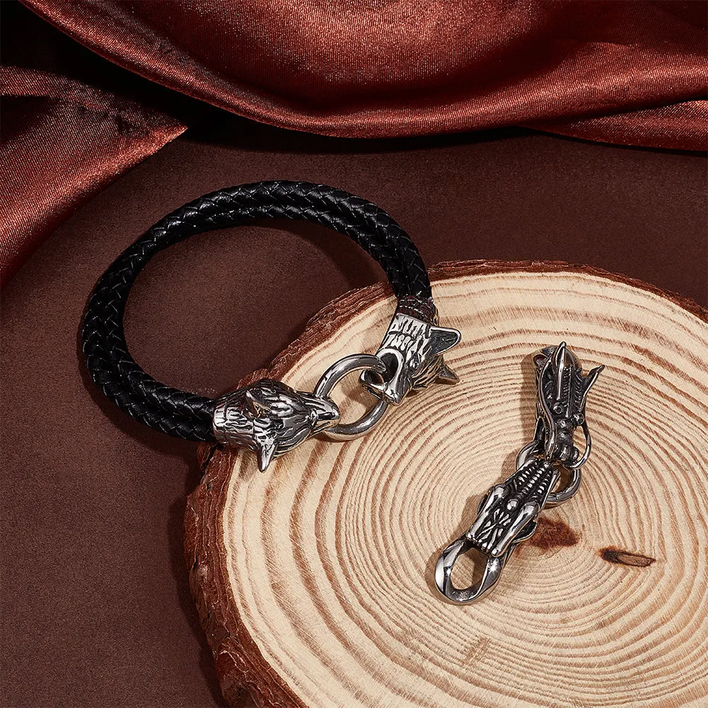 2 Sets 2 Styles 304 Stainless Steel Spring Gate Rings, Tibetan Style O Rings, with Two Cord End Caps, Wolf Head & Dragon Head, Antique Silver, 61~75x12~18x14~16.5mm, 1 sets/color