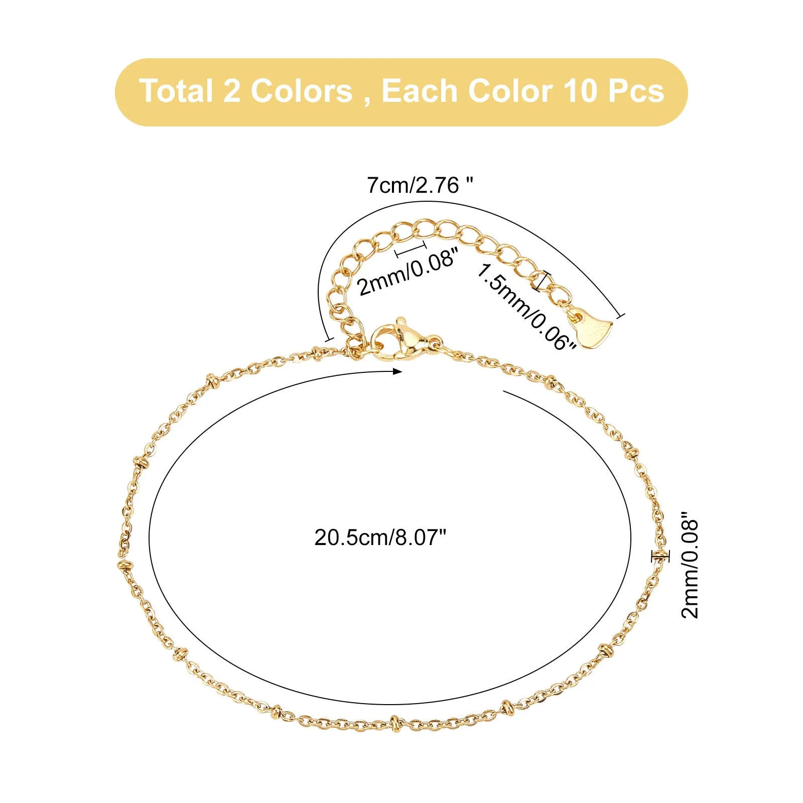 20Pcs 2 Colors 304 Stainless Steel Cable Chain, Satellite Chain Anklets, with Rondelle Beads and Lobster Claw Clasps, Golden & Stainless Steel Color, 8-1/8 inch(20.5cm), 10pcs/color