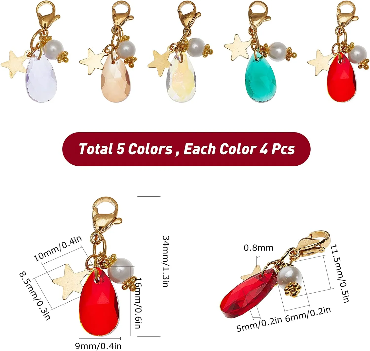 20Pcs 5 Colors Faceted Teardrop Glass Pendants, with Glass Pearl Round Beads, Star 304 Stainless Steel Charms & Lobster Claw Clasps, Mixed Color, 4pcs/color