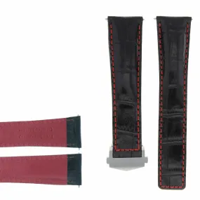 22MM LEATHER STRAP BAND FOR TAG HEUER CALIBRE 36 CLASP WATCH BLACK RED STITCH
