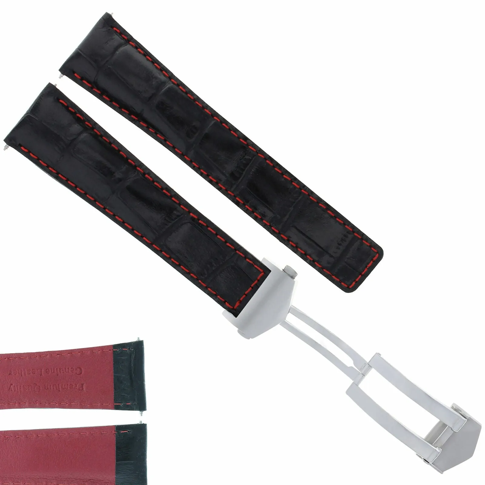 22MM LEATHER STRAP BAND FOR TAG HEUER CALIBRE 36 CLASP WATCH BLACK RED STITCH