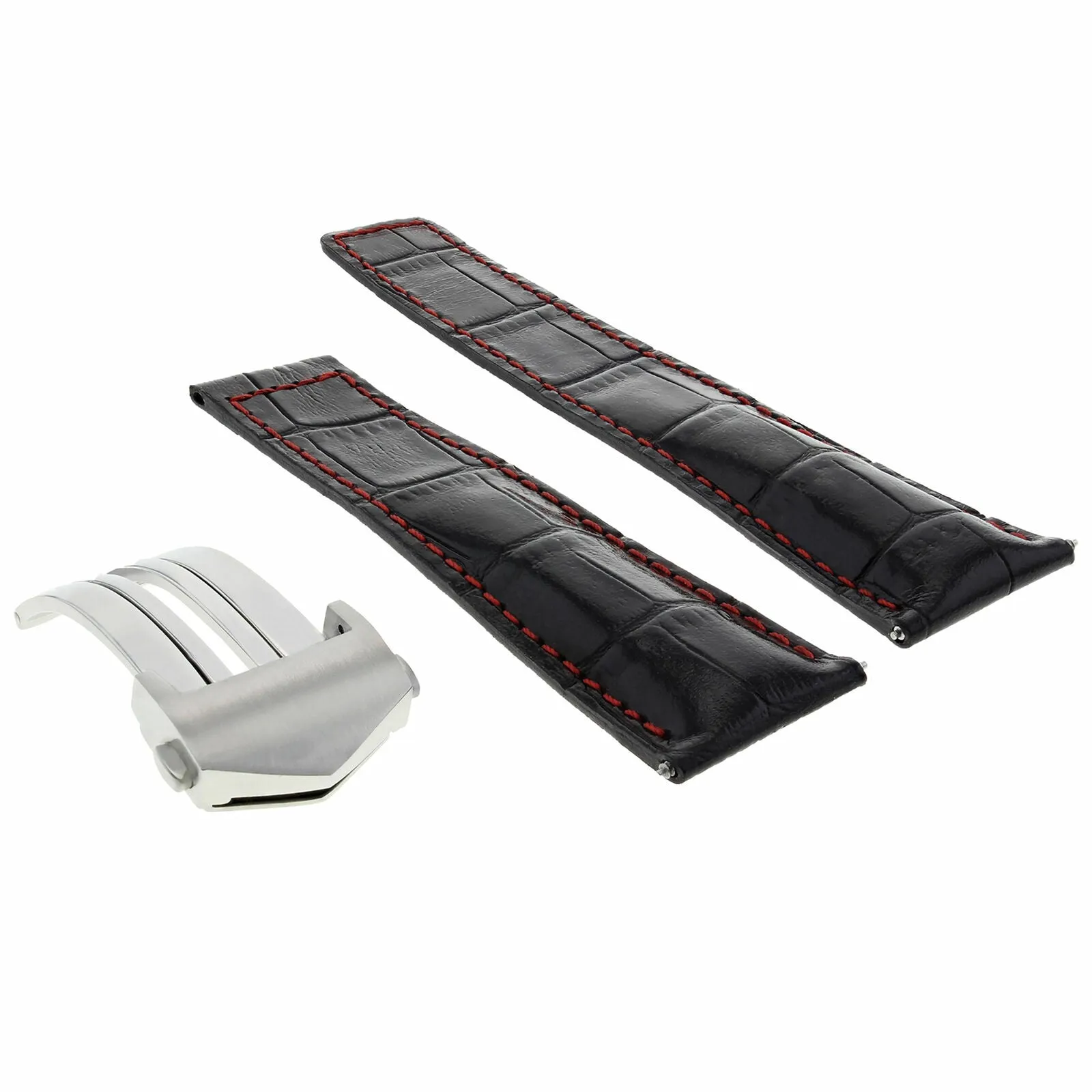 22MM LEATHER STRAP BAND FOR TAG HEUER CALIBRE 36 CLASP WATCH BLACK RED STITCH