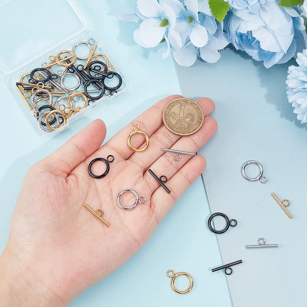 24Pcs 3 Colors 304 Stainless Steel Toggle Clasps, Round Ring, Mixed Color, Ring: 19x14x2mm, Bar: 20x7x2mm, Hole: 3mm, 8pcs/color