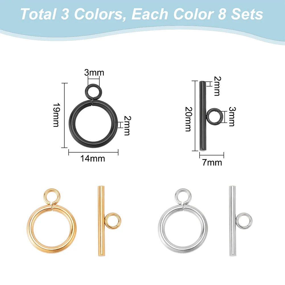 24Pcs 3 Colors 304 Stainless Steel Toggle Clasps, Round Ring, Mixed Color, Ring: 19x14x2mm, Bar: 20x7x2mm, Hole: 3mm, 8pcs/color