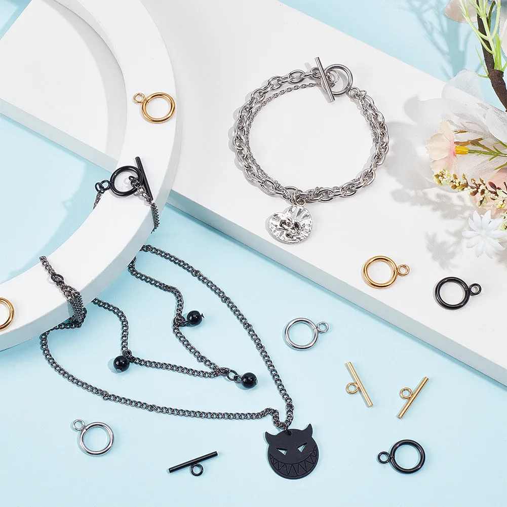 24Pcs 3 Colors 304 Stainless Steel Toggle Clasps, Round Ring, Mixed Color, Ring: 19x14x2mm, Bar: 20x7x2mm, Hole: 3mm, 8pcs/color