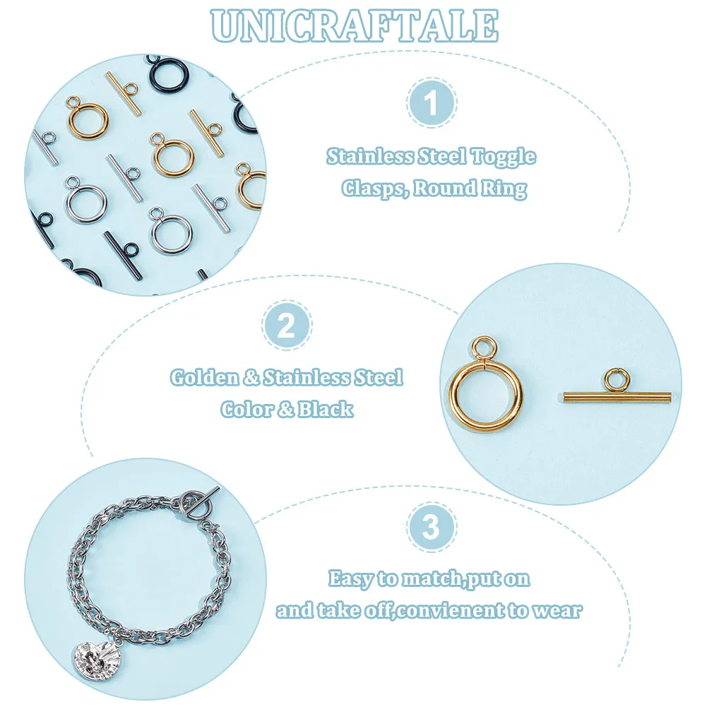 24Pcs 3 Colors 304 Stainless Steel Toggle Clasps, Round Ring, Mixed Color, Ring: 19x14x2mm, Bar: 20x7x2mm, Hole: 3mm, 8pcs/color
