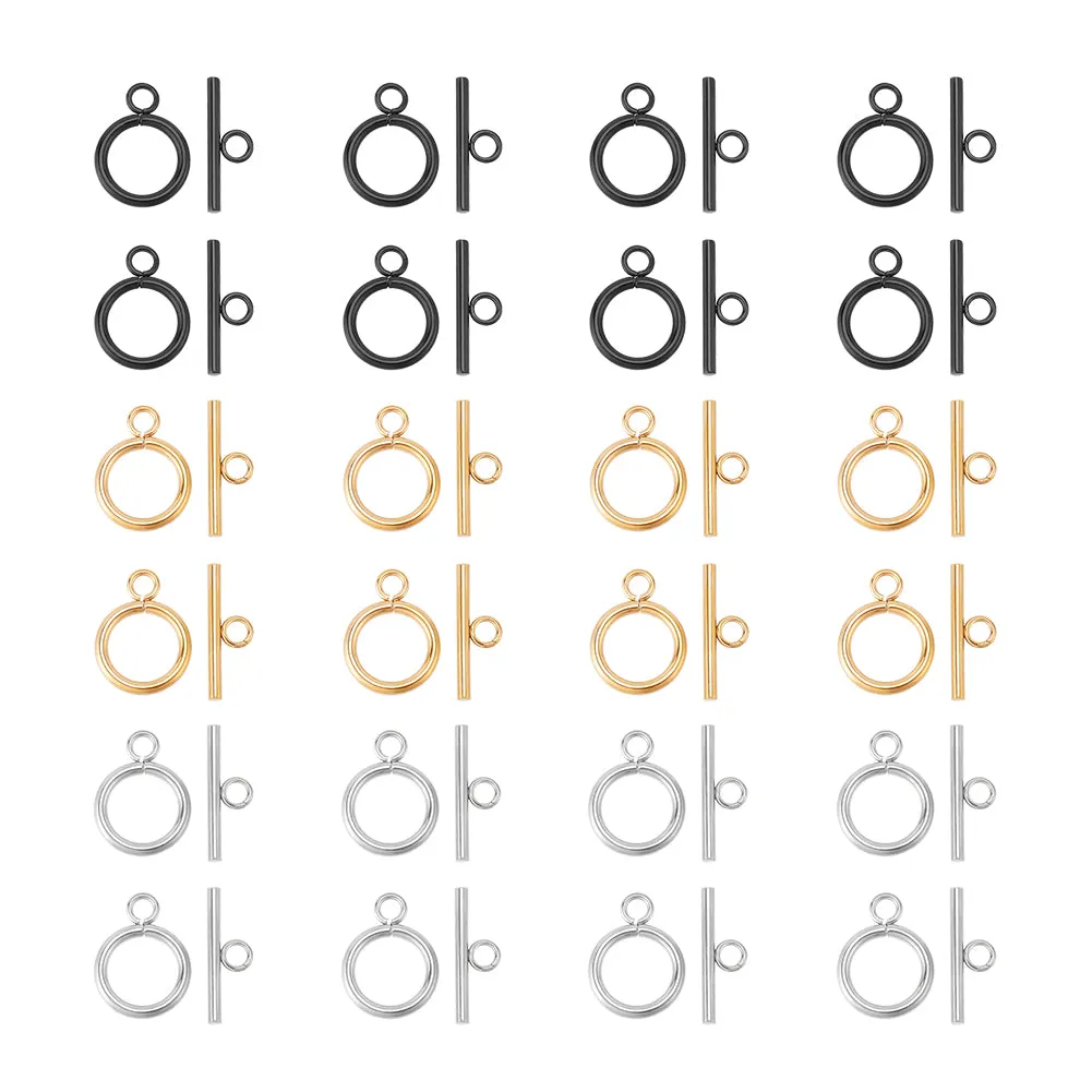 24Pcs 3 Colors 304 Stainless Steel Toggle Clasps, Round Ring, Mixed Color, Ring: 19x14x2mm, Bar: 20x7x2mm, Hole: 3mm, 8pcs/color