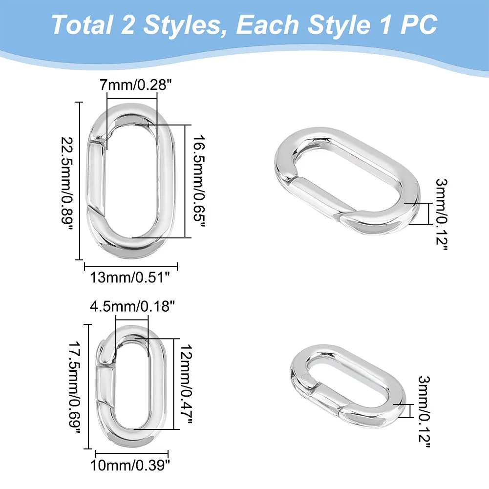 2Pcs 2 Styles 304 Stainless Steel Spring Gate Rings, Oval Rings, Stainless Steel Color, 17.5~22.5x10~13x3mm, Inner Diameter: 12~16.5x4.5~7mm, 1pc/style