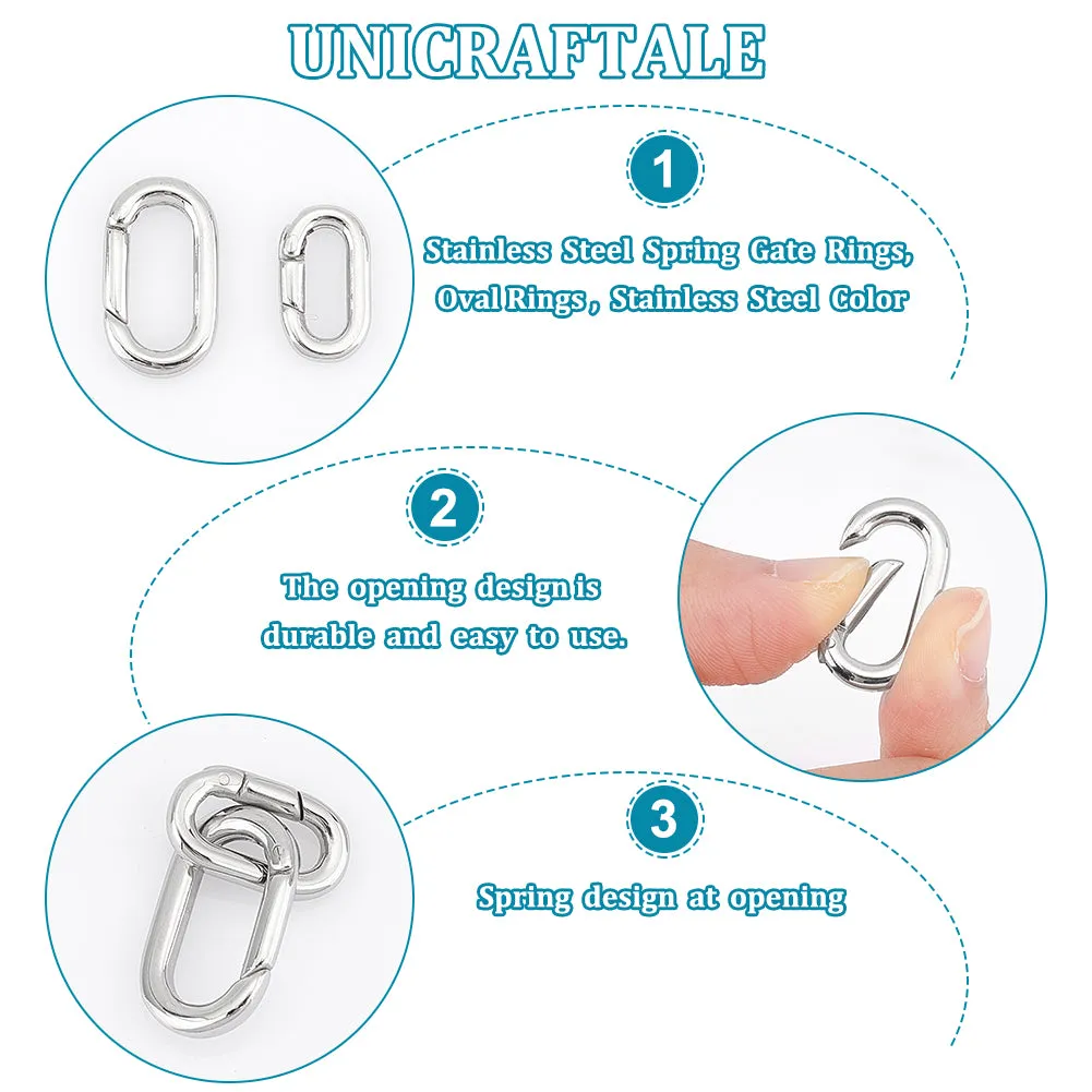 2Pcs 2 Styles 304 Stainless Steel Spring Gate Rings, Oval Rings, Stainless Steel Color, 17.5~22.5x10~13x3mm, Inner Diameter: 12~16.5x4.5~7mm, 1pc/style