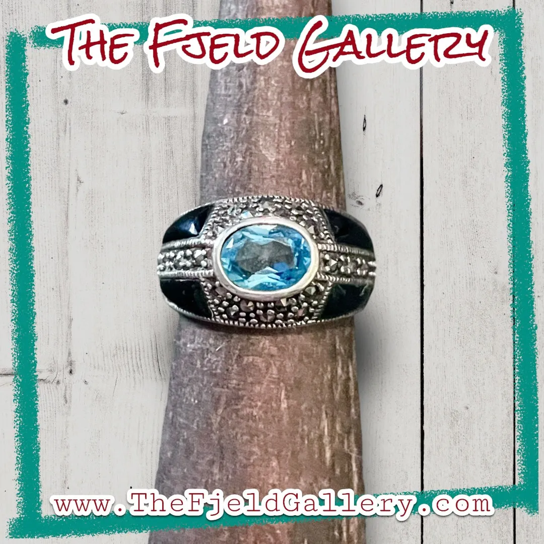Aquamarine & Onyx Art Deco Sterling Silver & Marcasite Dome Ring