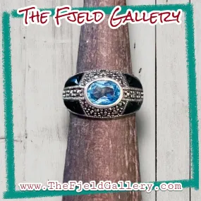 Aquamarine & Onyx Art Deco Sterling Silver & Marcasite Dome Ring