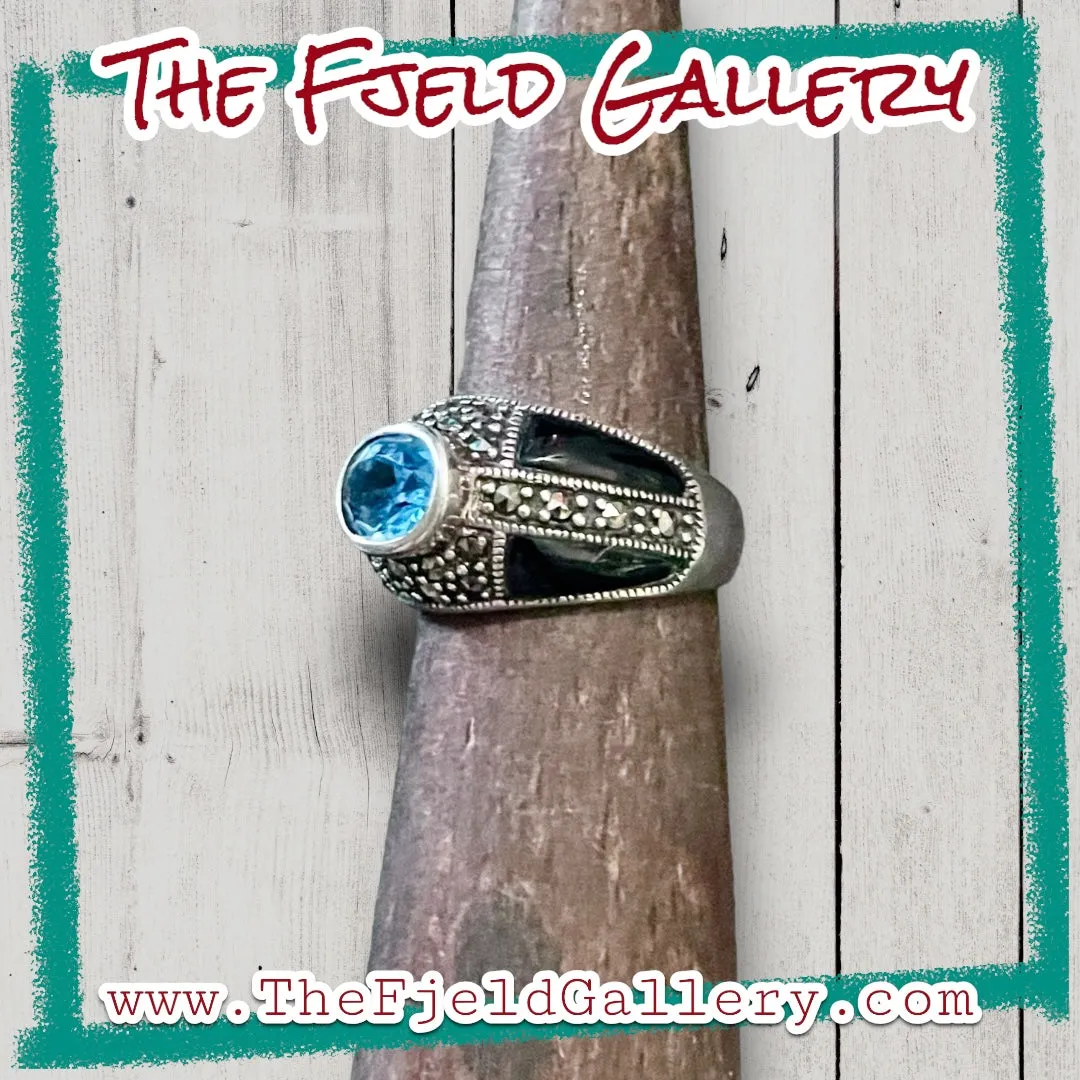 Aquamarine & Onyx Art Deco Sterling Silver & Marcasite Dome Ring