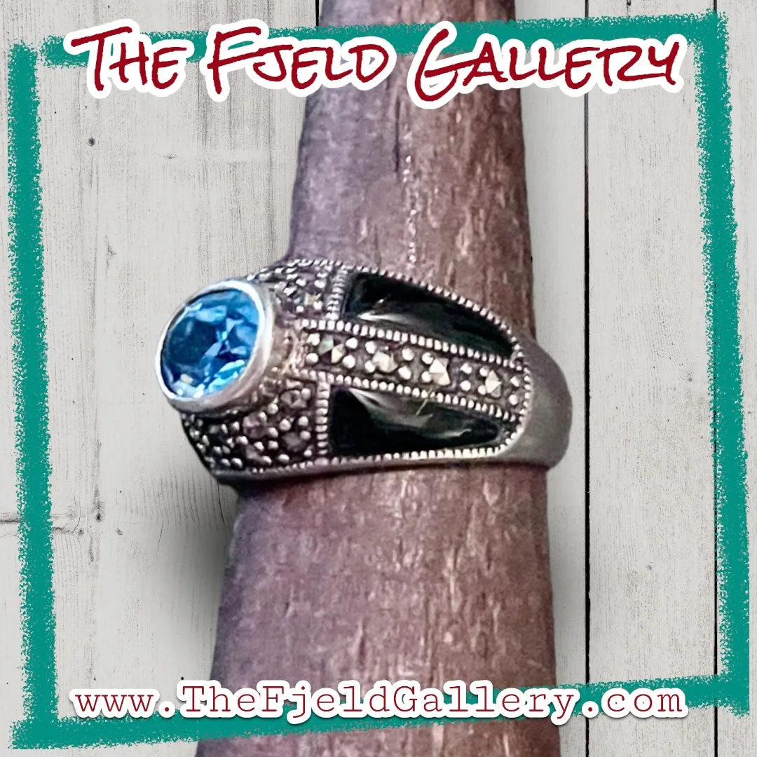Aquamarine & Onyx Art Deco Sterling Silver & Marcasite Dome Ring