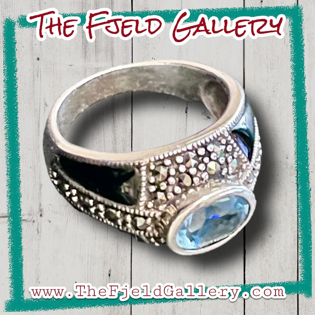 Aquamarine & Onyx Art Deco Sterling Silver & Marcasite Dome Ring