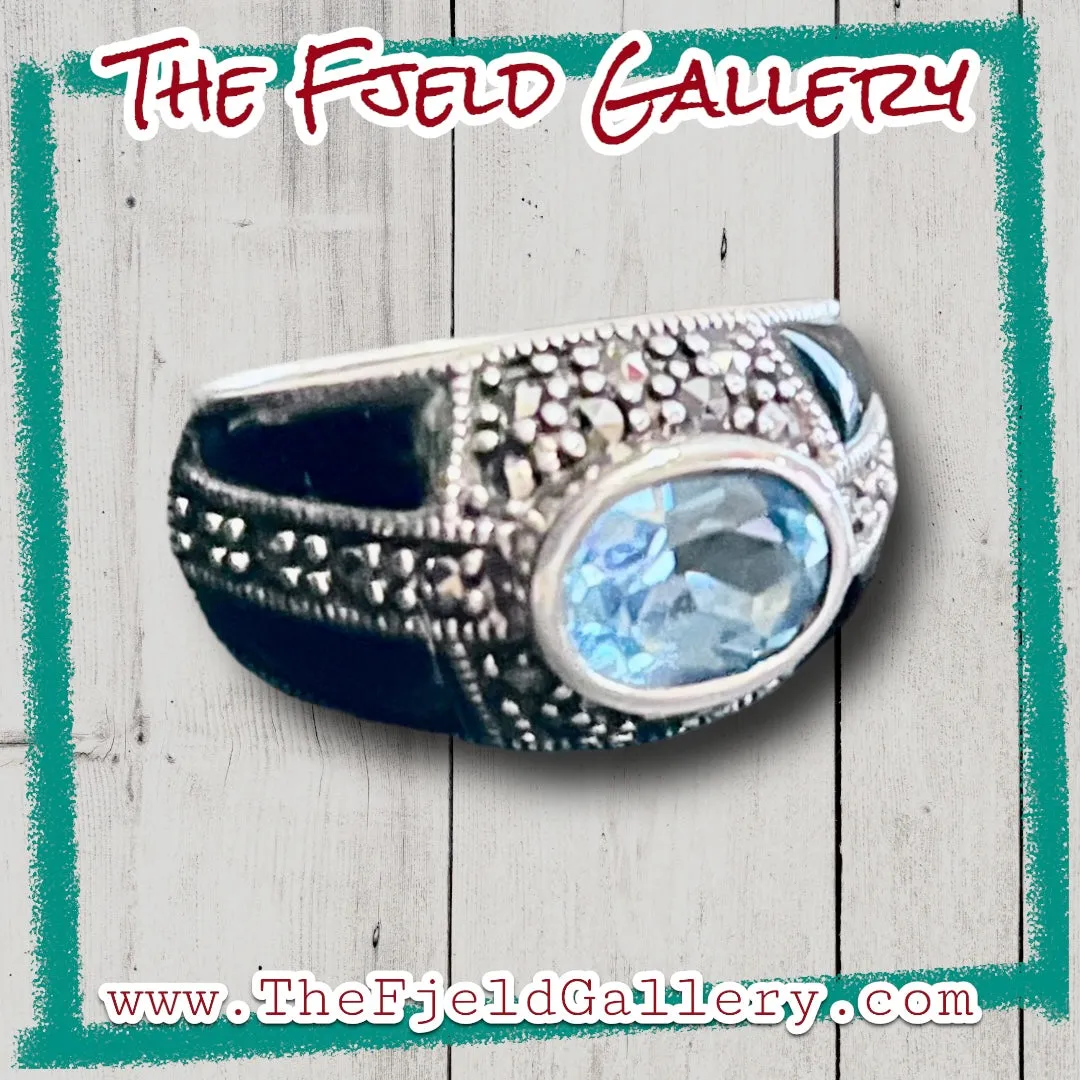 Aquamarine & Onyx Art Deco Sterling Silver & Marcasite Dome Ring