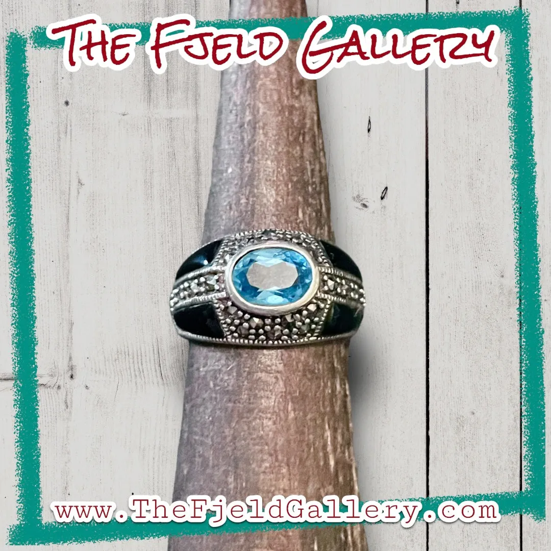 Aquamarine & Onyx Art Deco Sterling Silver & Marcasite Dome Ring