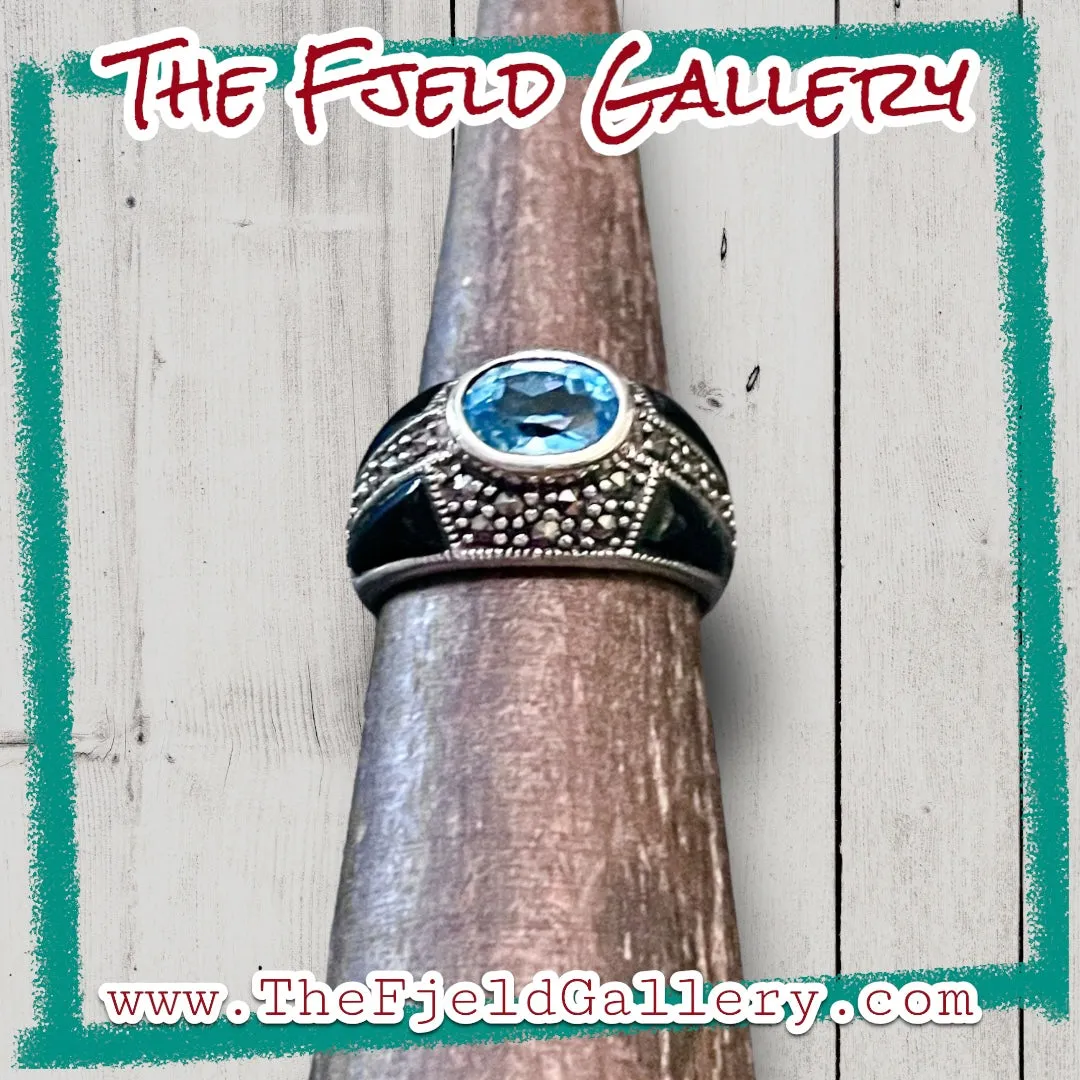 Aquamarine & Onyx Art Deco Sterling Silver & Marcasite Dome Ring