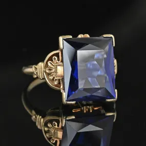 Art Deco 10K Gold Floral Detailed Blue Sapphire Ring