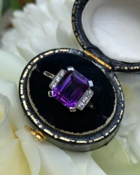 Art Deco Amethyst and Diamond Platinum Ring 0.12ct   2.30ct