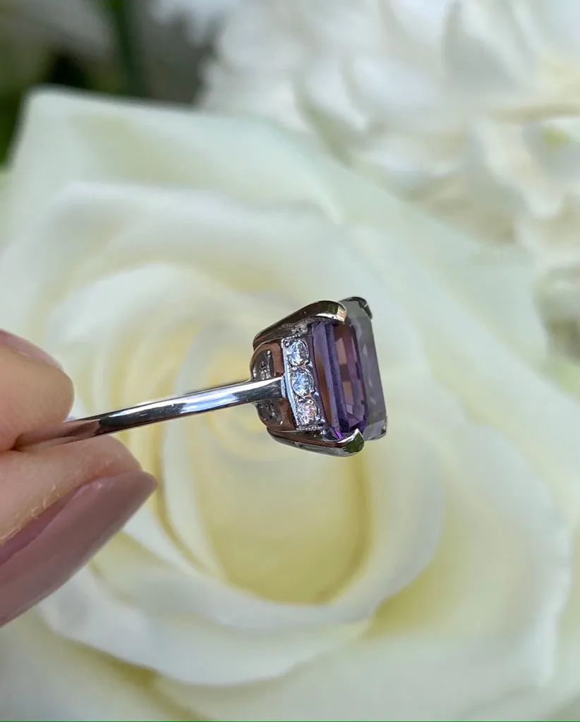 Art Deco Amethyst and Diamond Platinum Ring 0.12ct   2.30ct