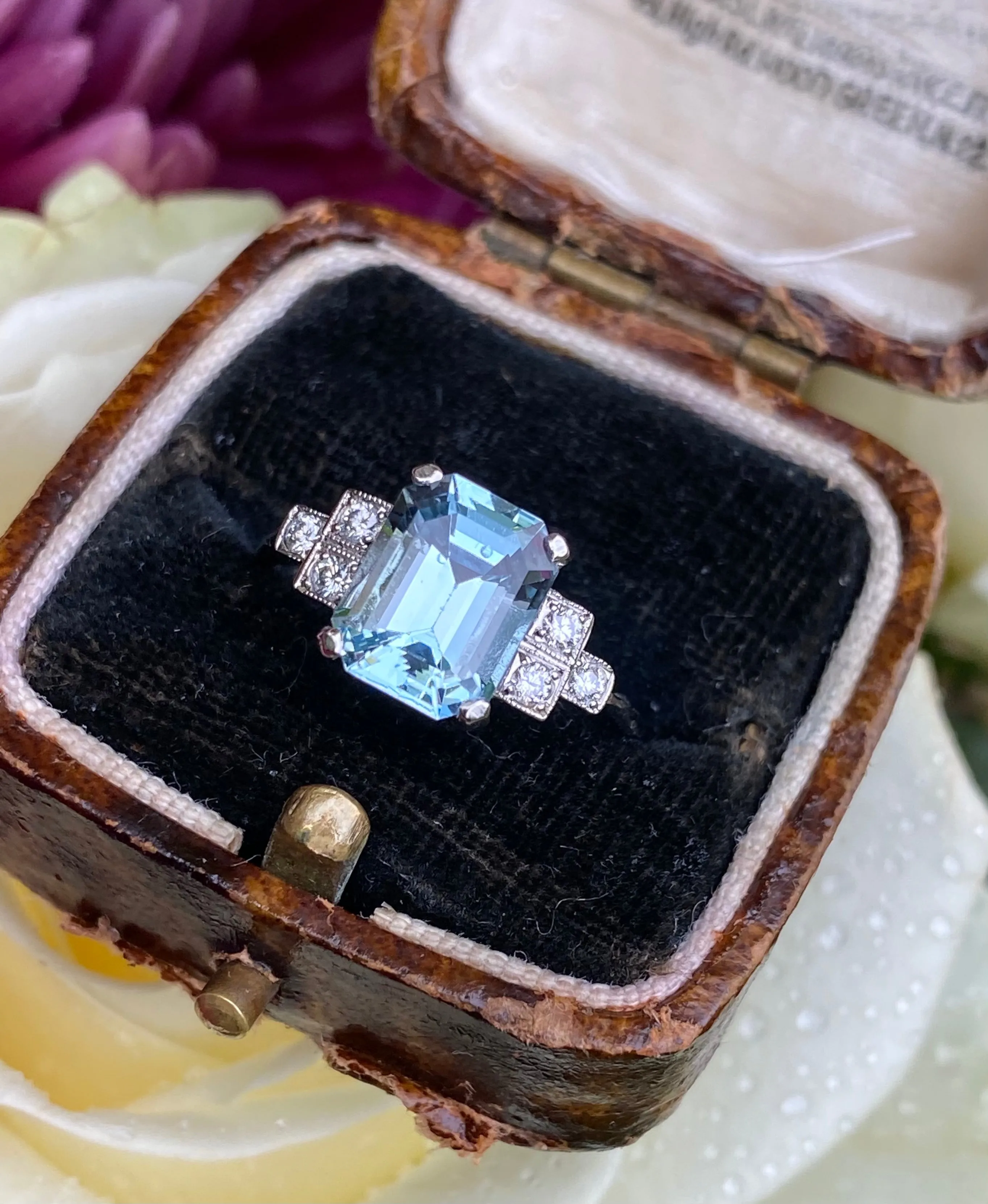Art Deco Aquamarine and Diamond Platinum Ring 0.20ct   1.95ct