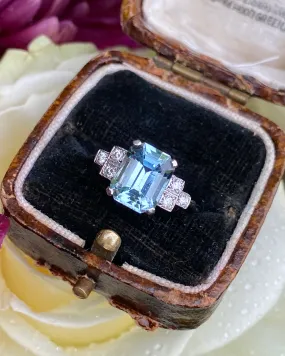 Art Deco Aquamarine and Diamond Platinum Ring 0.20ct   1.95ct