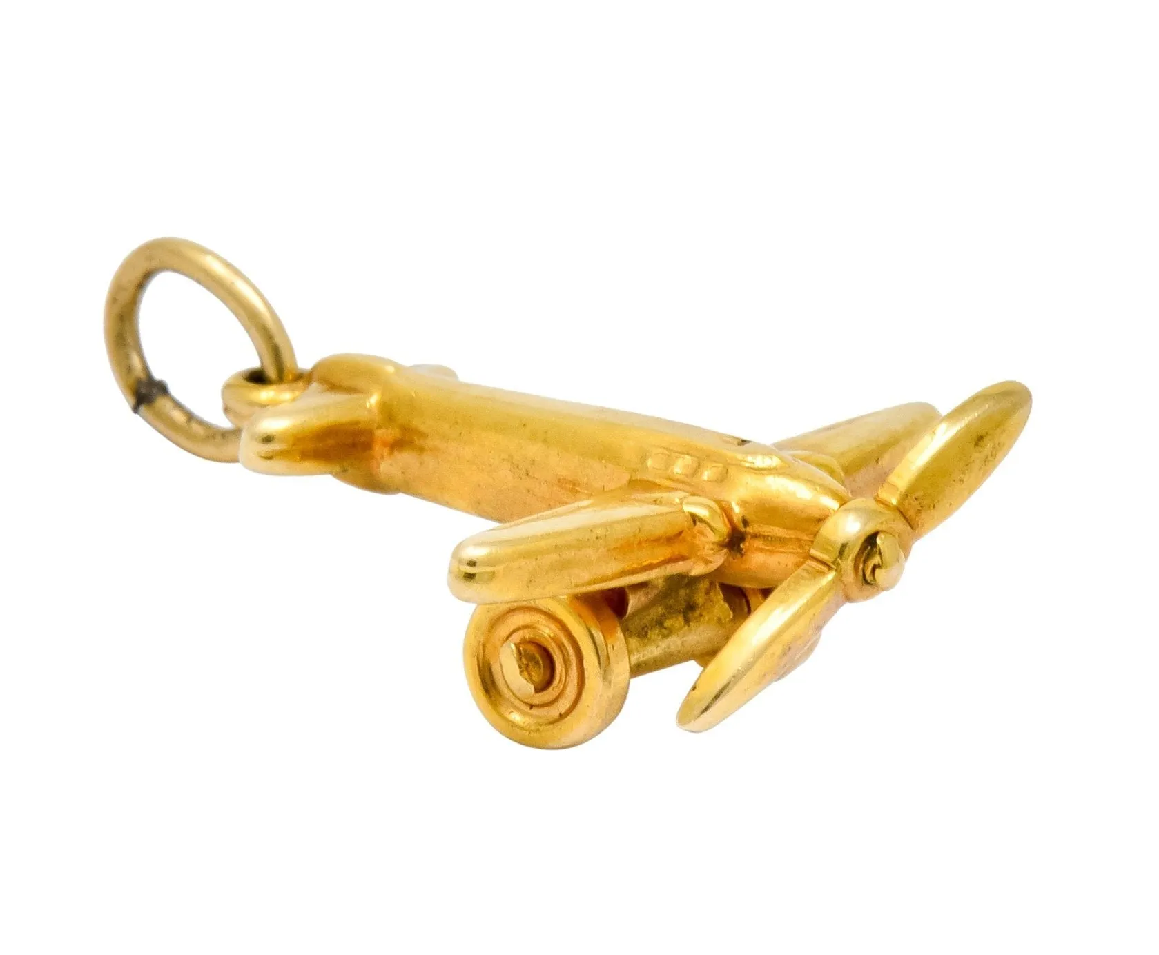 Art Deco Articulated 14 Karat Gold Propeller Plane Charm Circa 1930