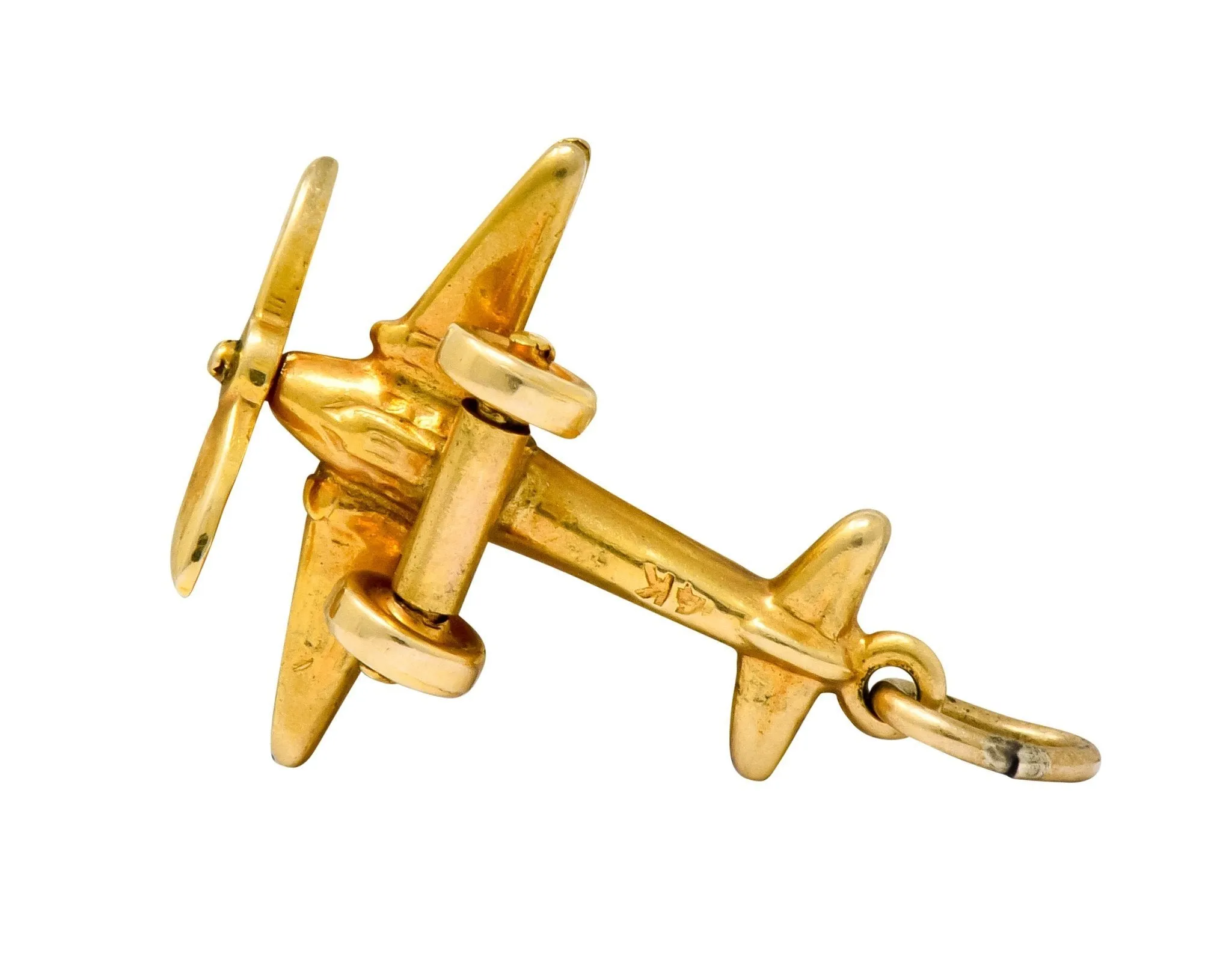 Art Deco Articulated 14 Karat Gold Propeller Plane Charm Circa 1930