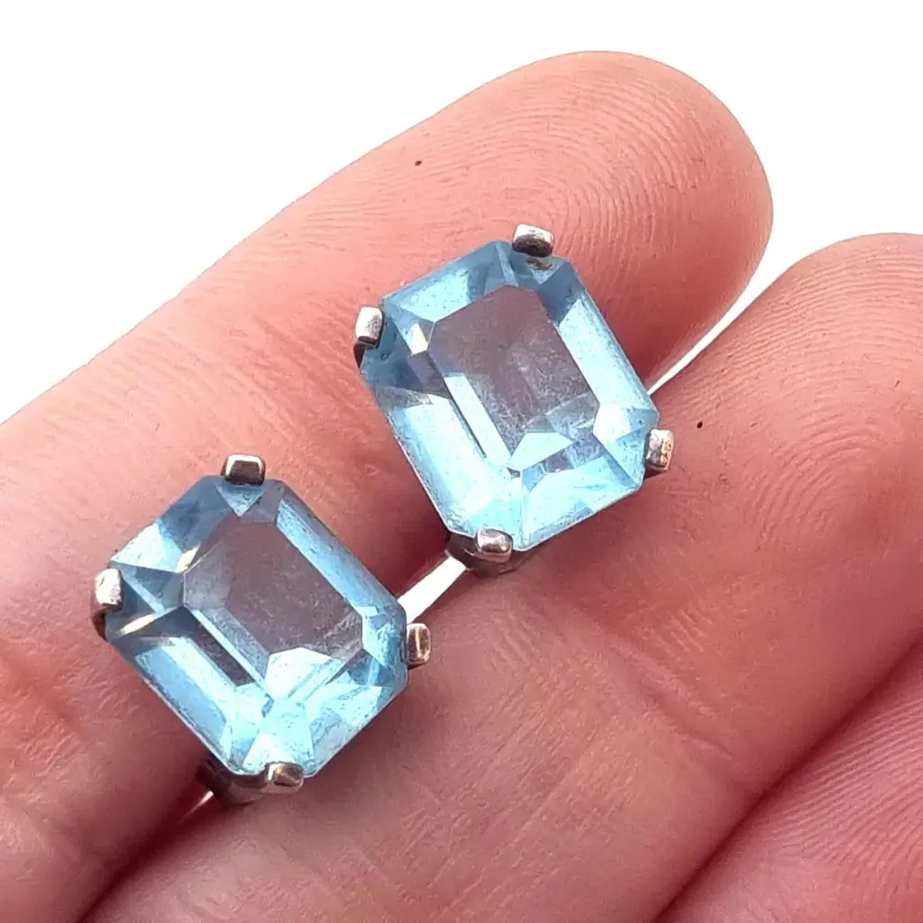 Art Deco inspired silver earrings with aquamarine simile. circa 1990.