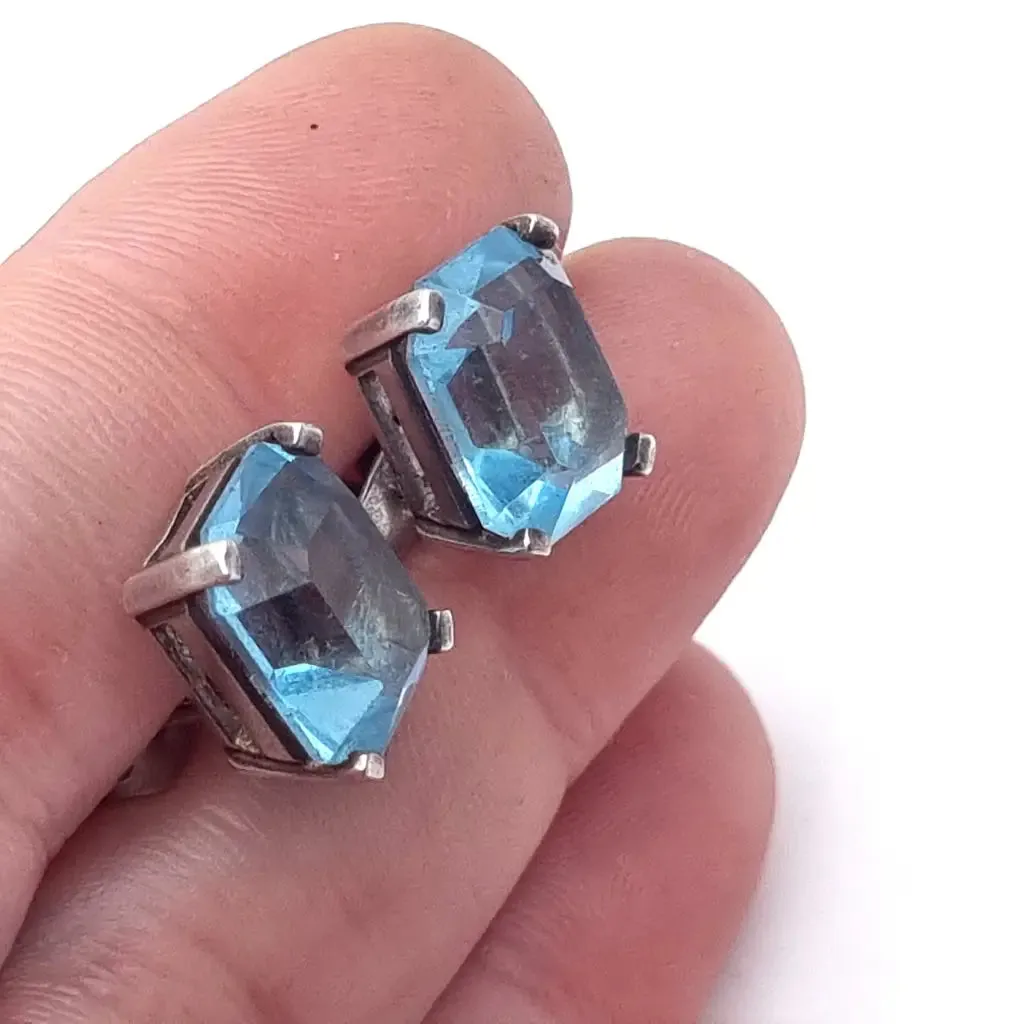 Art Deco inspired silver earrings with aquamarine simile. circa 1990.