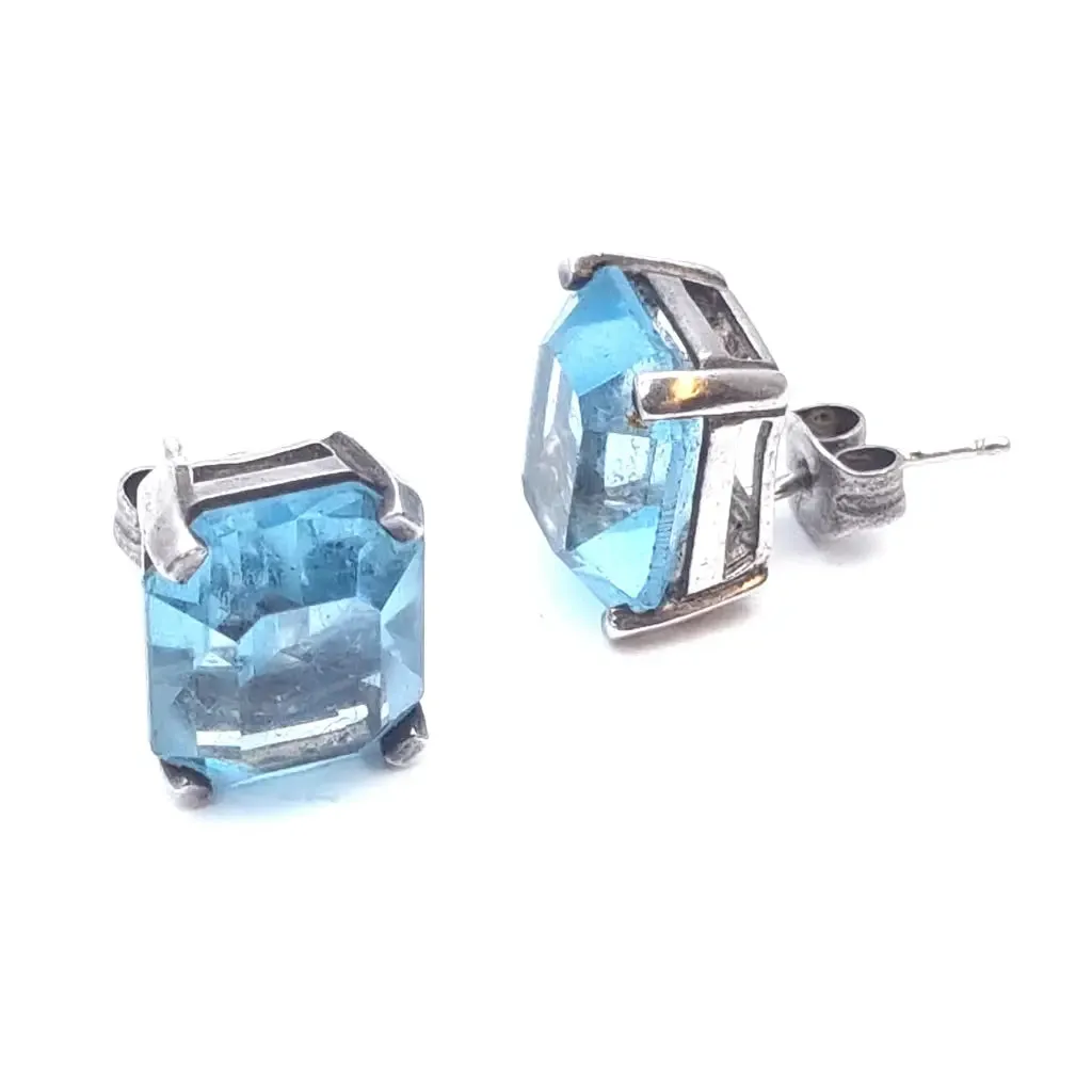 Art Deco inspired silver earrings with aquamarine simile. circa 1990.